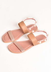 Pink And Rose Gold Ankle Strap Flats With Glitter And Pearls By Sole House
