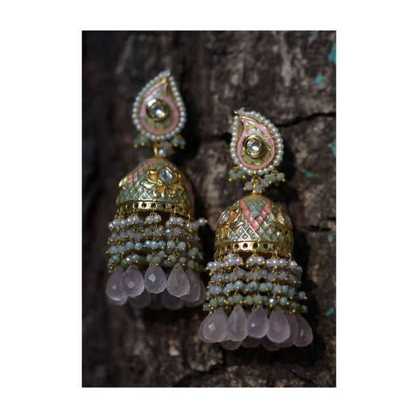 Pink And Turq Jhumkas With Carved Checks And Lotus Motifs With Colorful Beads And Pearl Fringes