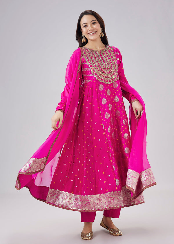 Pink Banarasi Bandhani Silk Anarkali Set With Dupatta
