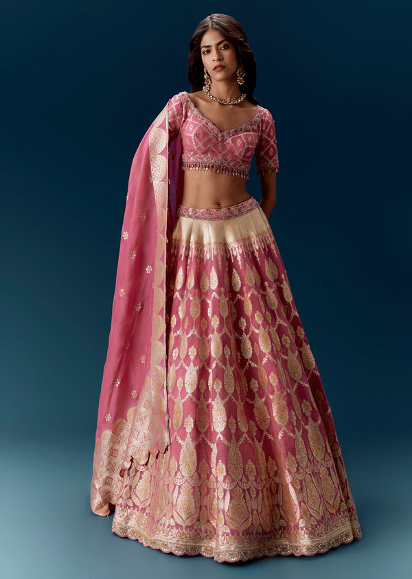 Pink Embroidered Bridal Lehenga With Dupatta