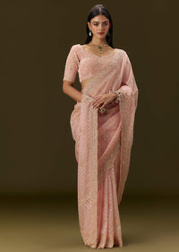 Pink Banarasi Tissue Saree With Velvet Embroidered Blouse