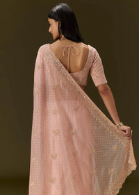 Pink Banarasi Tissue Saree With Velvet Embroidered Blouse