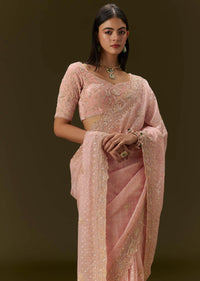 Pink Banarasi Tissue Saree With Velvet Embroidered Blouse