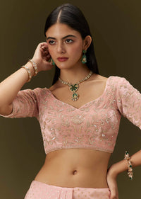 Pink Banarasi Tissue Saree With Velvet Embroidered Blouse