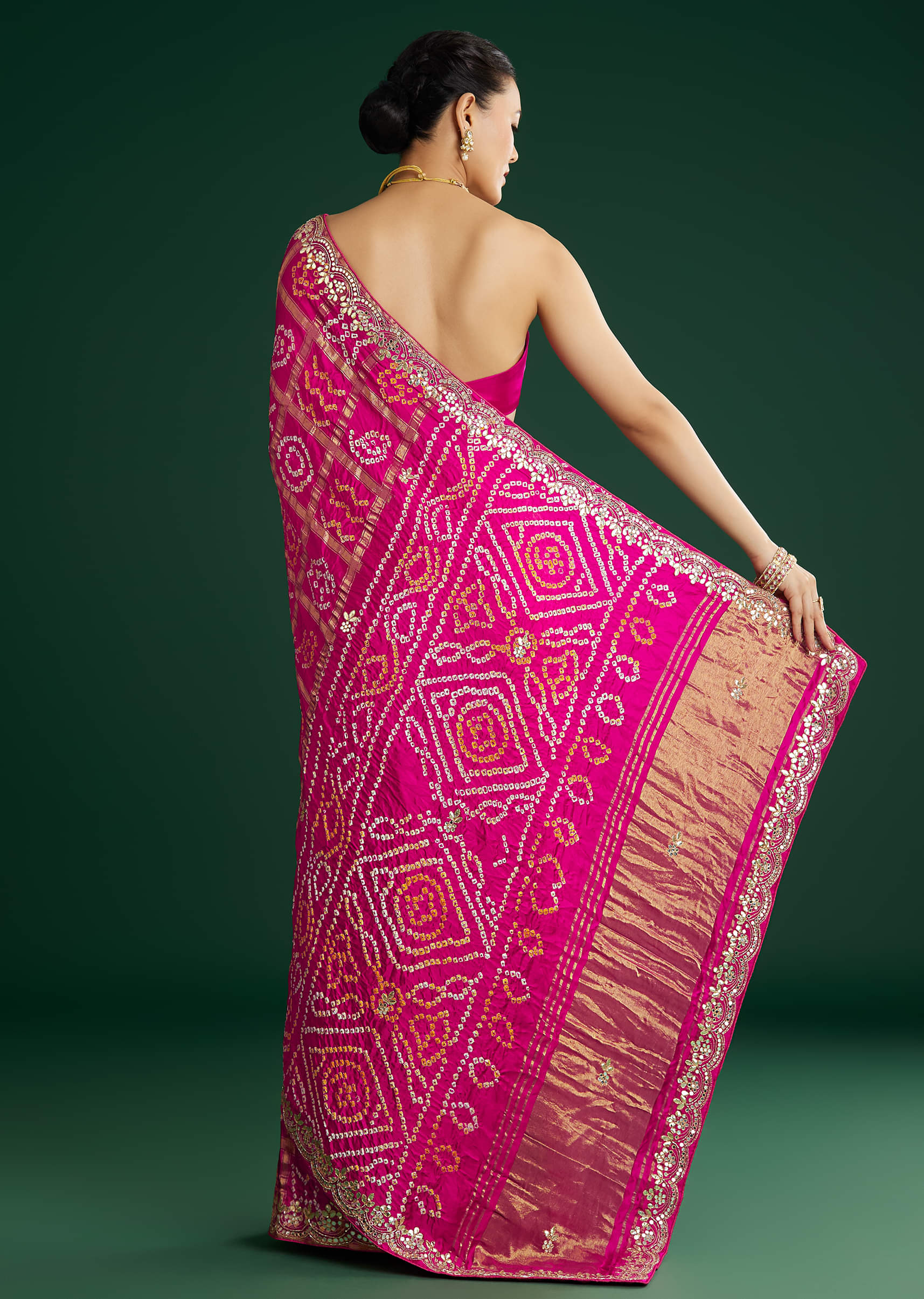 sari Buy Mustard Yellow Satin Ajrakh Printed Saree With Gota