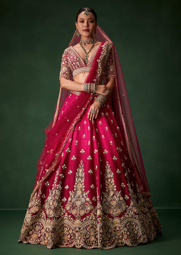 Pink Bridal Silk Lehenga Set with Two Dupattas