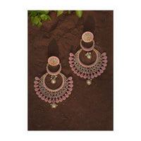 Pink Chandbalis With Carved Pattern And Studded With Crystals And Dangling Pearls Online - Kalki Fashion