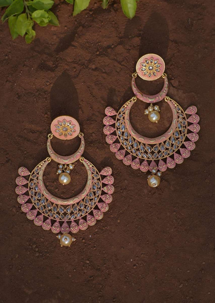 Pink Chandbalis With Carved Pattern And Studded With Crystals And Dangling Pearls Online - Kalki Fashion