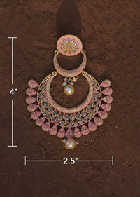 Pink Chandbalis With Carved Pattern And Studded With Crystals And Dangling Pearls Online - Kalki Fashion