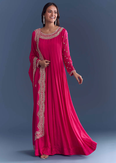 Pink Chinon Anarkali Suit With Cutdana And Sequins Embroidery