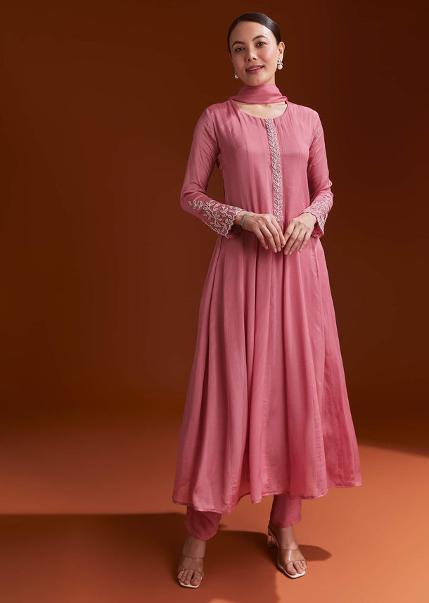 Pink Chinon Anarkali Suit With Moti And Stone Work