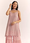 Pink Chinon Kurta Set With Cutdana Moti And Choker Dupatta