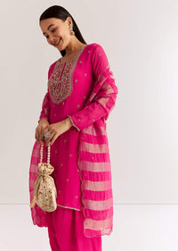 Pink Chinon Kurta Set With Zardosi And Cutdana Dupatta
