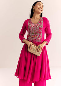 Pink Chinon Zardosi Work Kurta Palazzo Suit