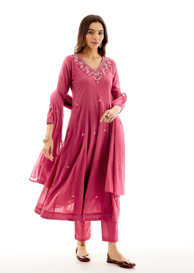 Pink Cotton Anarkali With Thread And Cutdana Work