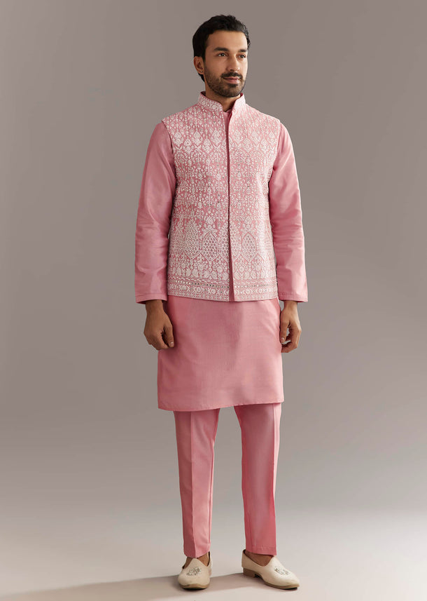 Pink Cotton Silk Jacket Kurta Set With Mirror And Dori Work