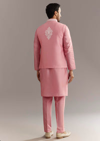 Pink Cotton Silk Jacket Kurta Set With Mirror And Dori Work