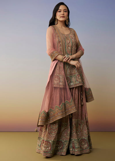 Pink Crepe Palazzo Suits with Gotta Lace Work