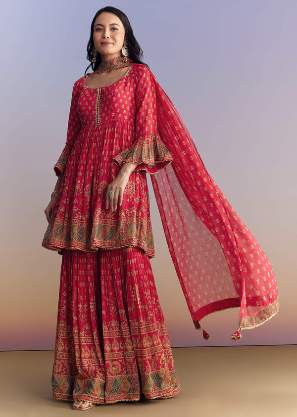 Pink Crepe Sharara Suit With Floral Print And Stone Work