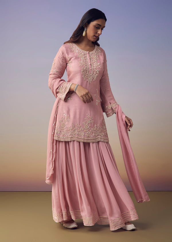 Pink Cutdana Embellished Kurta And Palazzo Set
