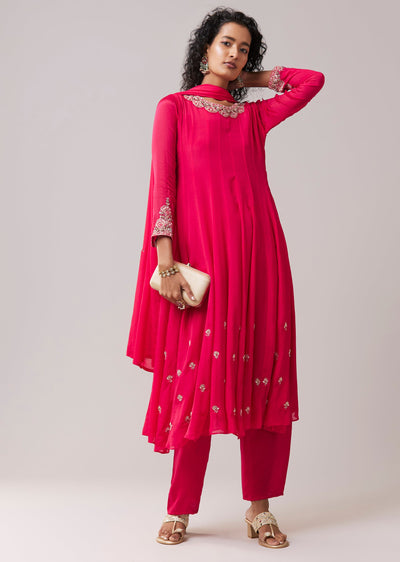 Pink Embellished Chinon Anarkali Set