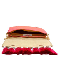 Pink Envelop Clutch With Resham Embroidered Flowers And Tassels Online - Kalki Fashion