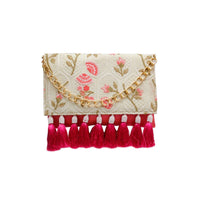 Pink Envelop Clutch With Resham Embroidered Flowers And Tassels Online - Kalki Fashion