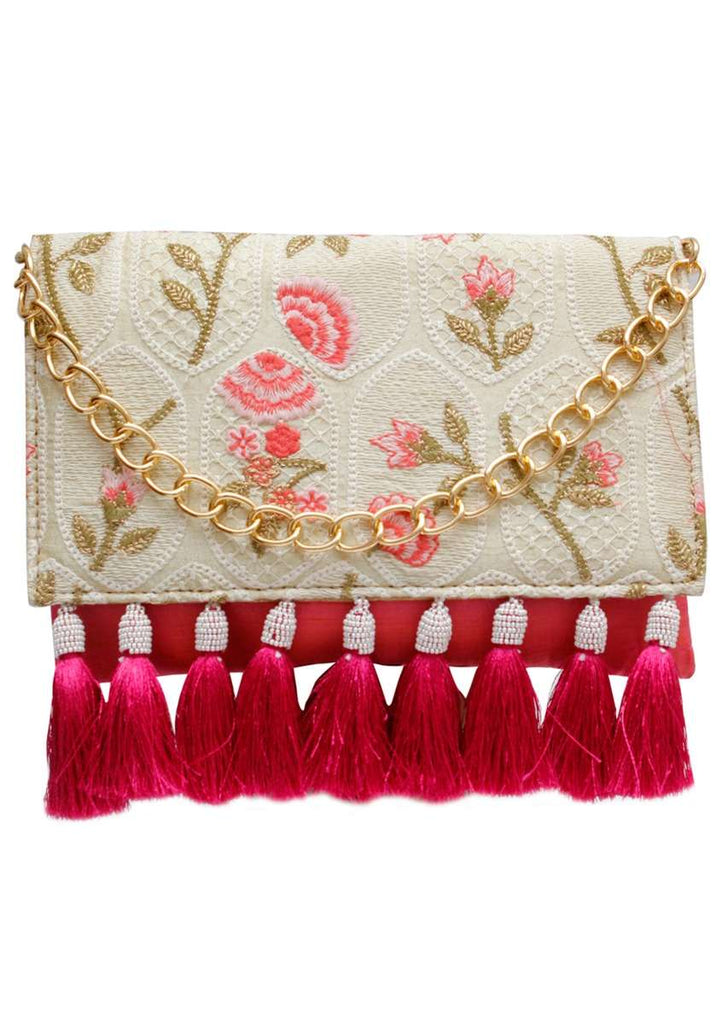 Pink Envelop Clutch With Resham Embroidered Flowers And Tassels Online - Kalki Fashion