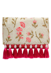 Pink Envelop Clutch With Resham Embroidered Flowers And Tassels Online - Kalki Fashion