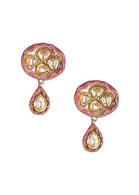 Pink Fancy Carved Gold Plated Earrings With Kundan Work  Online - Kalki Fashion
