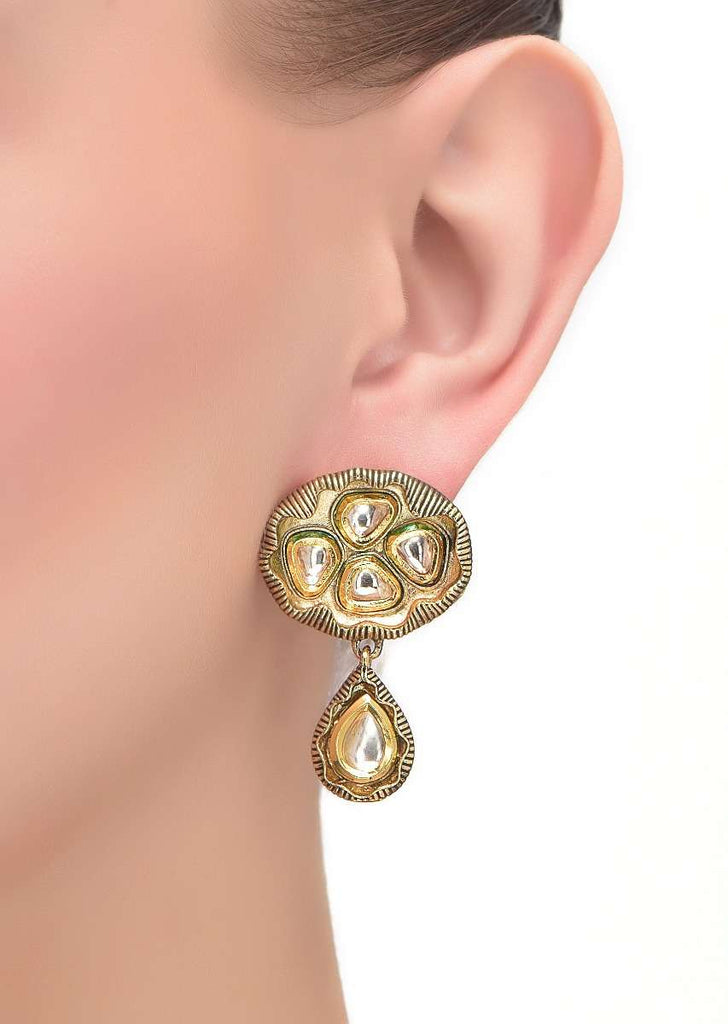 Pink Fancy Carved Gold Plated Earrings With Kundan Work  Online - Kalki Fashion
