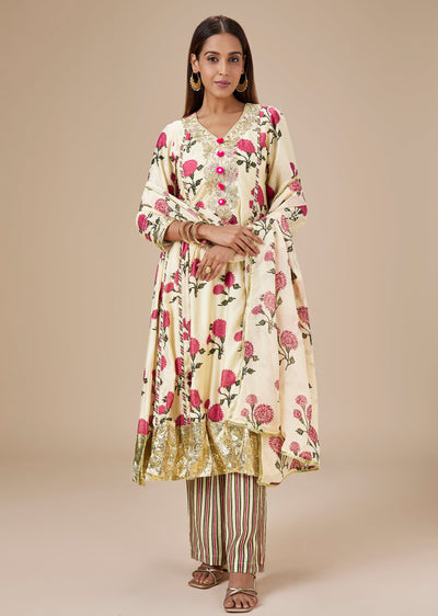Pink Floral Print Anarkali Suit With Gotta Detailing