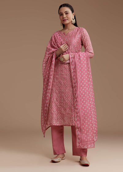 Pink Floral Print Chanderi Kurta Set with Gotta Work