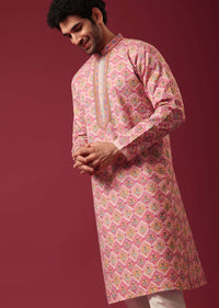 Pink Floral Print Kurta Set in Silk