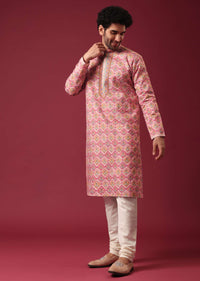 Pink Floral Print Kurta Set in Silk