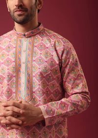 Pink Floral Print Kurta Set in Silk