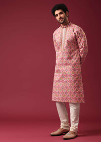 Pink Floral Print Kurta Set in Silk