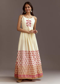Pink Floral Printed Cotton Angrakha Style Jacket Kurta Set