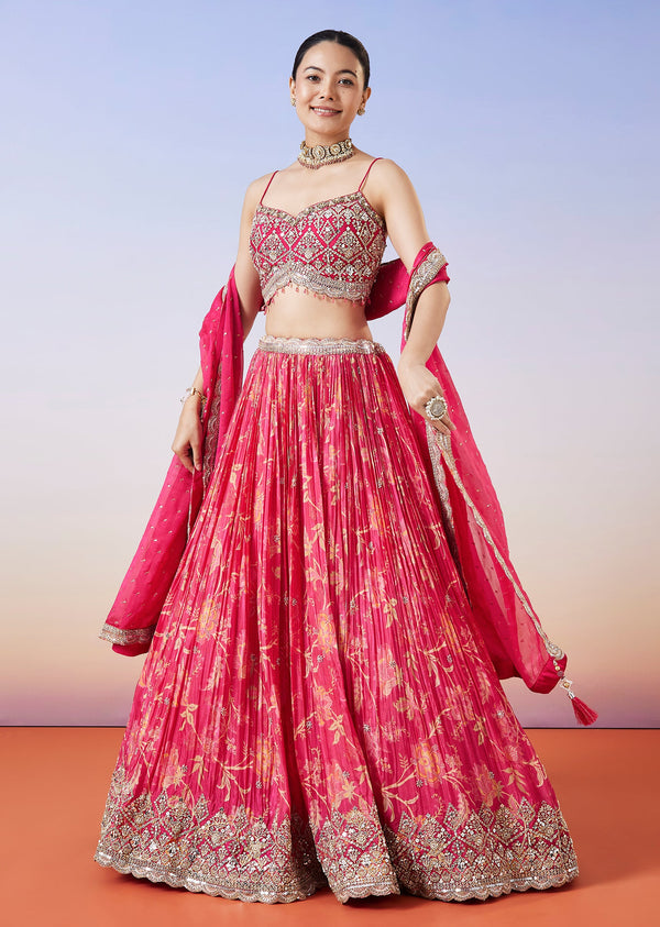 Pink Floral Printed Lehenga With Dupatta