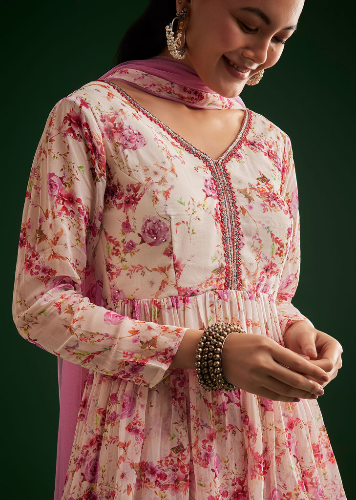 Pink Floral Printed Peplum Kurta Palazzo With Dupatta