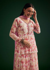 Pink Floral Printed Peplum Kurta Palazzo With Dupatta