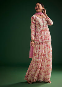 Pink Floral Printed Peplum Kurta Palazzo With Dupatta