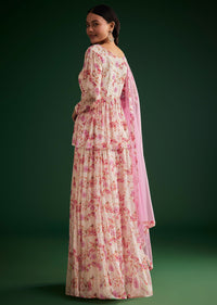 Pink Floral Printed Peplum Kurta Palazzo With Dupatta