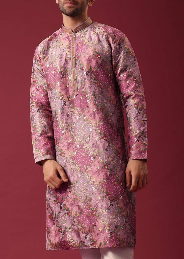 Pink Foil Print Kurta Set In Silk