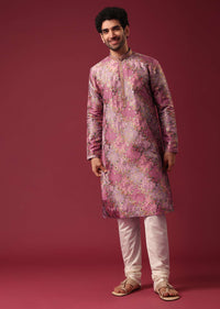 Pink Foil Print Kurta Set In Silk