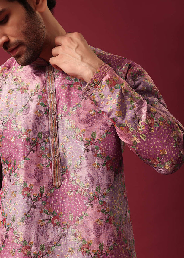 Pink Foil Print Kurta Set In Silk
