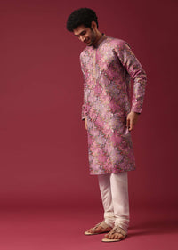 Pink Foil Print Kurta Set In Silk