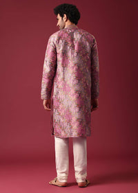 Pink Foil Print Kurta Set In Silk