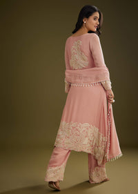 Pink Georgette Moti Work Asymmetrical Kurta Set With Tassels Bordered Dupatta