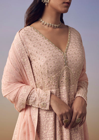Pink Georgette Lucknowi Anarkali with Dupatta